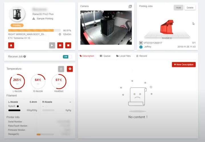 Пример удаленного контроля печати на Raise3D Pro2 Plus через RaiseCloud